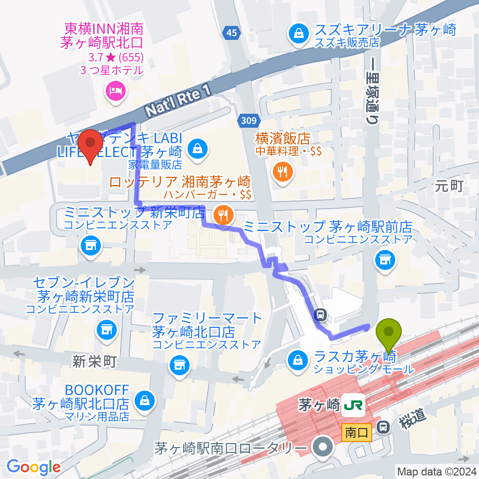 茅ヶ崎市勤労市民会館の最寄駅茅ケ崎駅からの徒歩ルート（約6分）地図