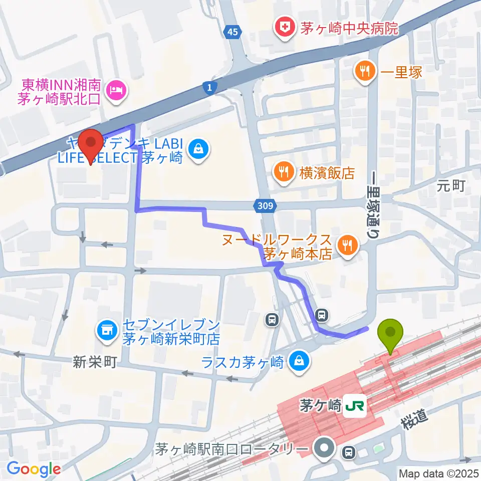 茅ヶ崎市勤労市民会館の最寄駅茅ケ崎駅からの徒歩ルート（約6分）地図