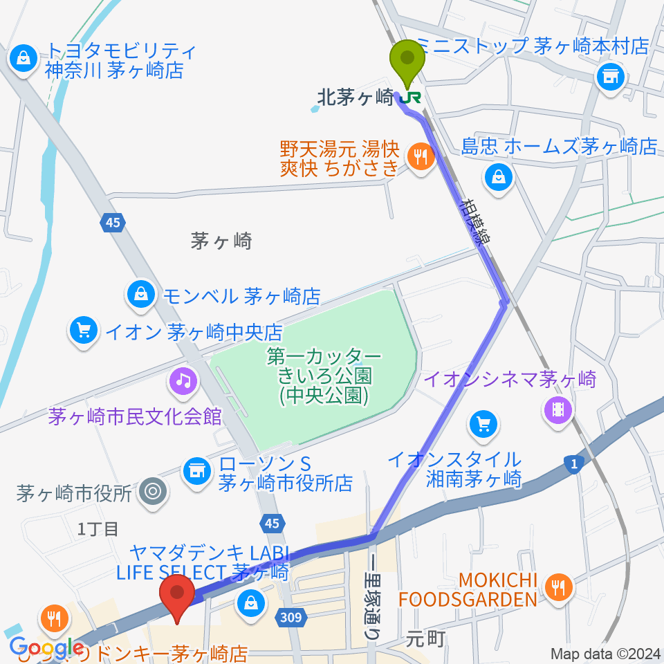 北茅ケ崎駅から茅ヶ崎市勤労市民会館へのルートマップ地図