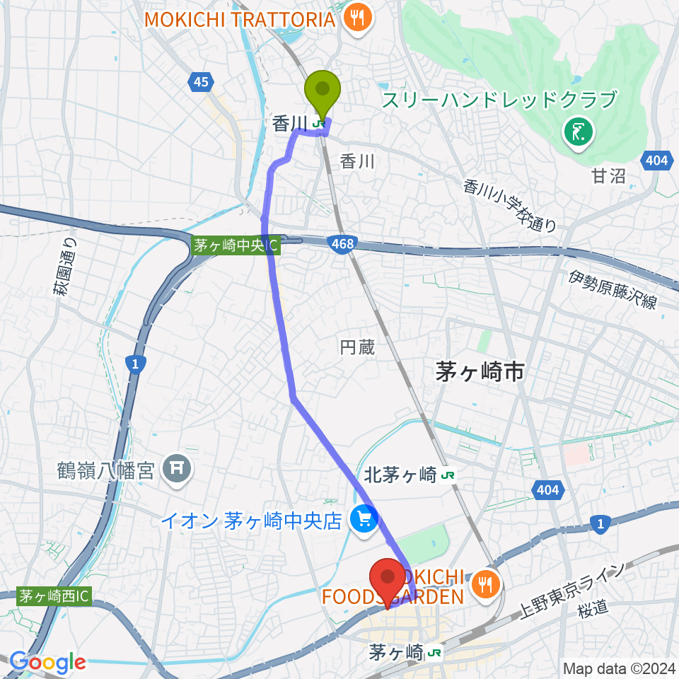 香川駅から茅ヶ崎市勤労市民会館へのルートマップ地図