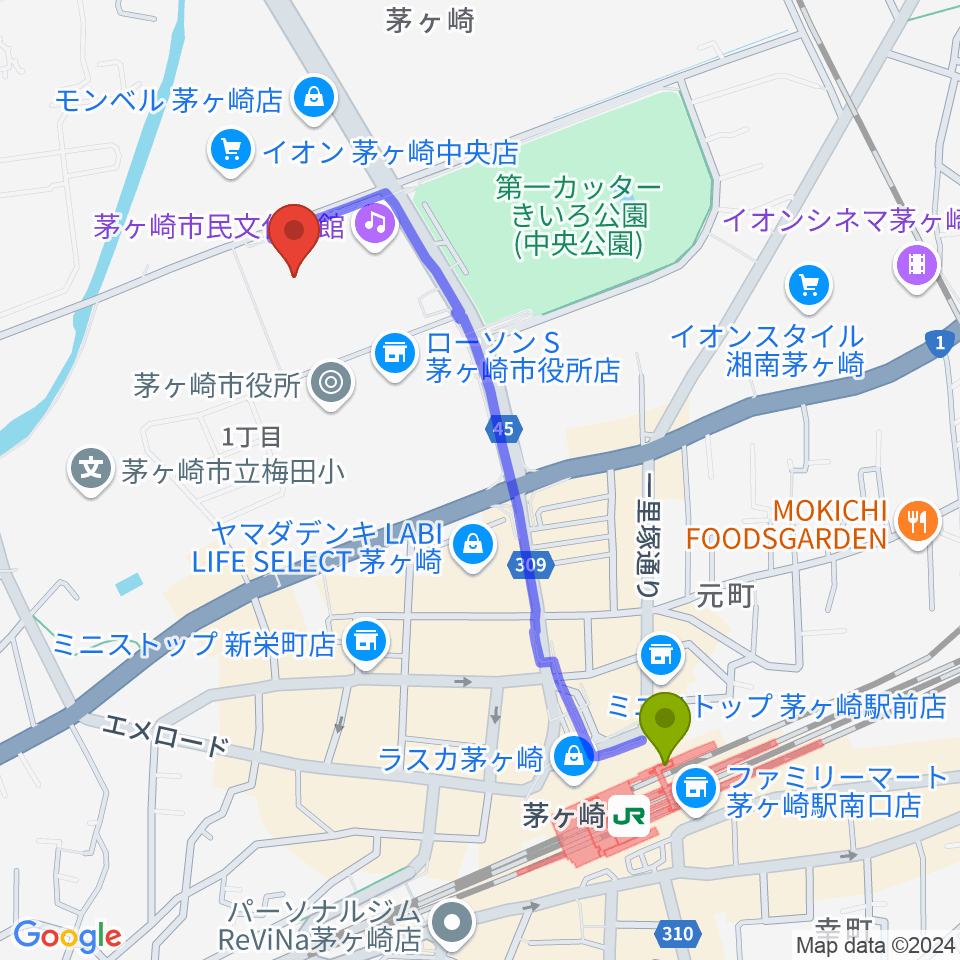 茅ヶ崎市総合体育館の最寄駅茅ケ崎駅からの徒歩ルート（約10分）地図