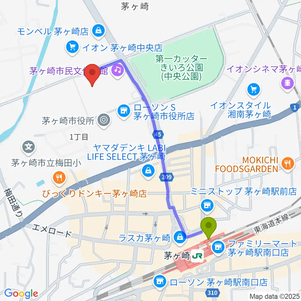 茅ヶ崎市総合体育館の最寄駅茅ケ崎駅からの徒歩ルート（約10分）地図