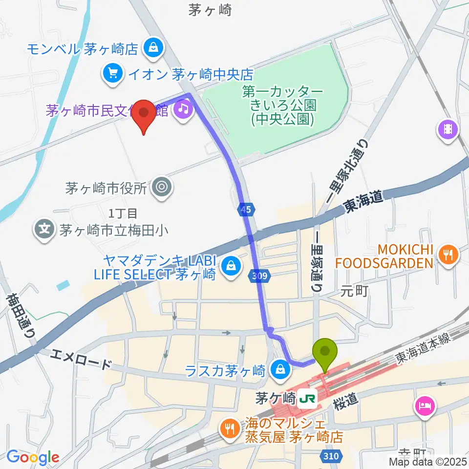 茅ヶ崎市総合体育館の最寄駅茅ケ崎駅からの徒歩ルート（約10分）地図