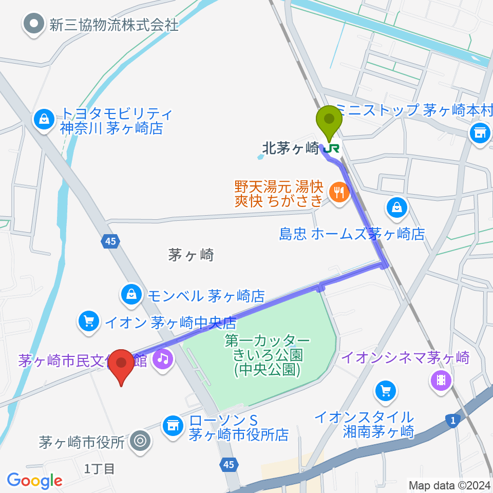 北茅ケ崎駅から茅ヶ崎市総合体育館へのルートマップ地図