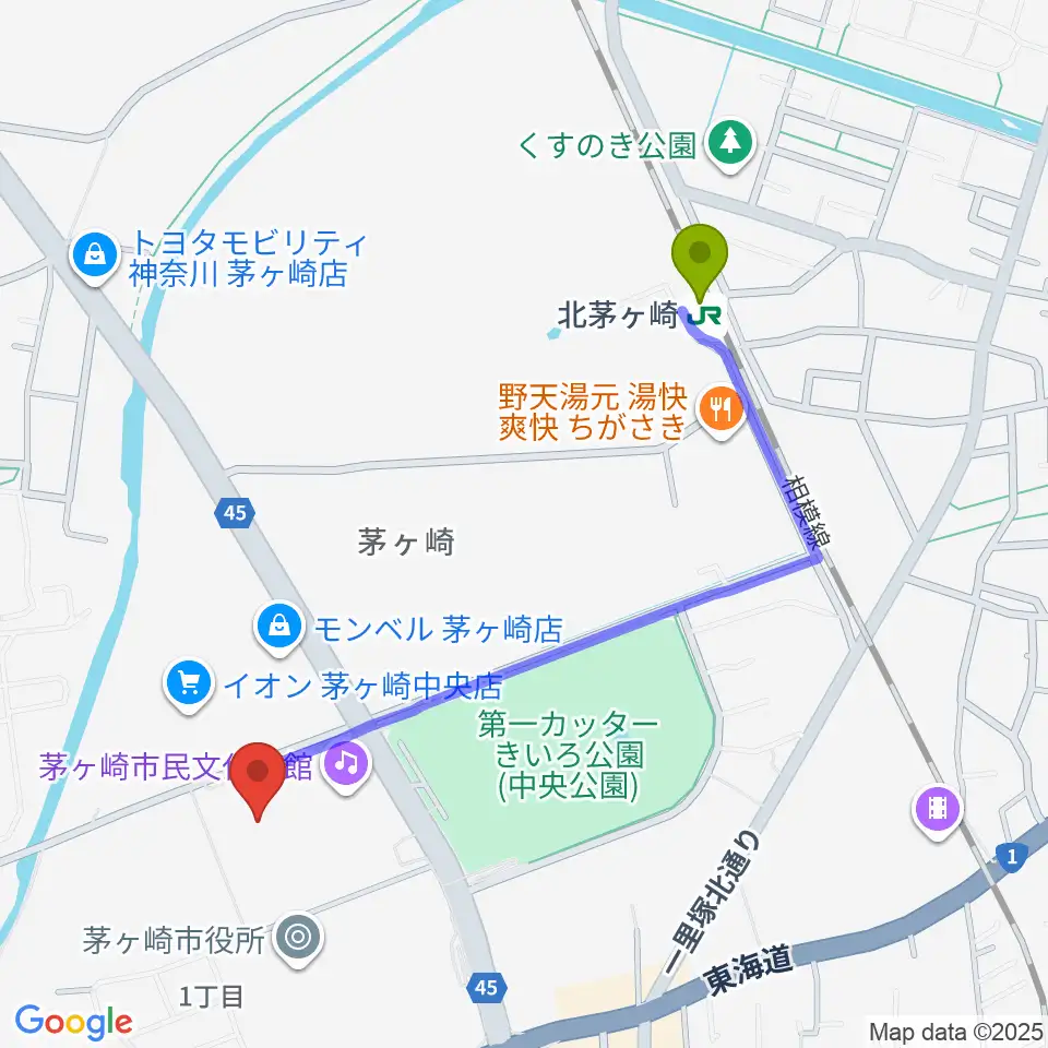 北茅ケ崎駅から茅ヶ崎市総合体育館へのルートマップ地図