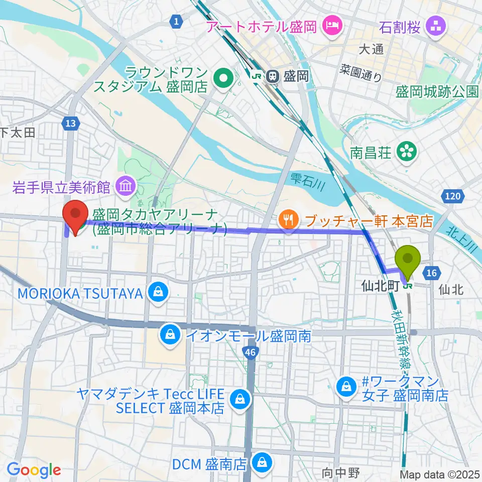 仙北町駅から盛岡タカヤアリーナへのルートマップ地図