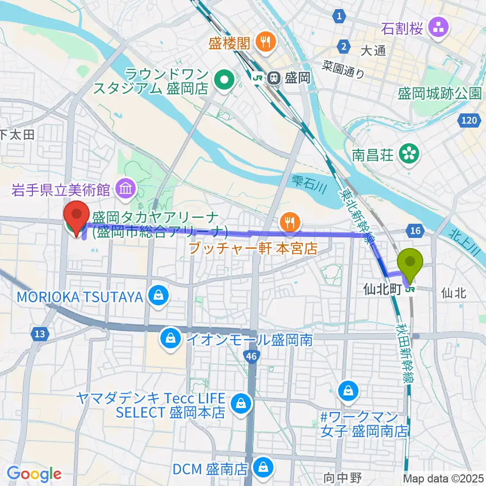 仙北町駅から盛岡タカヤアリーナへのルートマップ地図