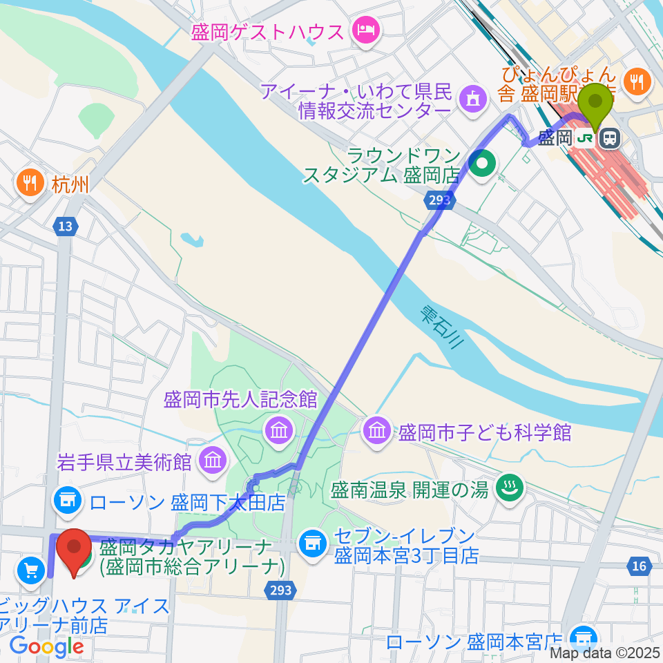 盛岡タカヤアリーナの最寄駅盛岡駅からの徒歩ルート（約30分）地図