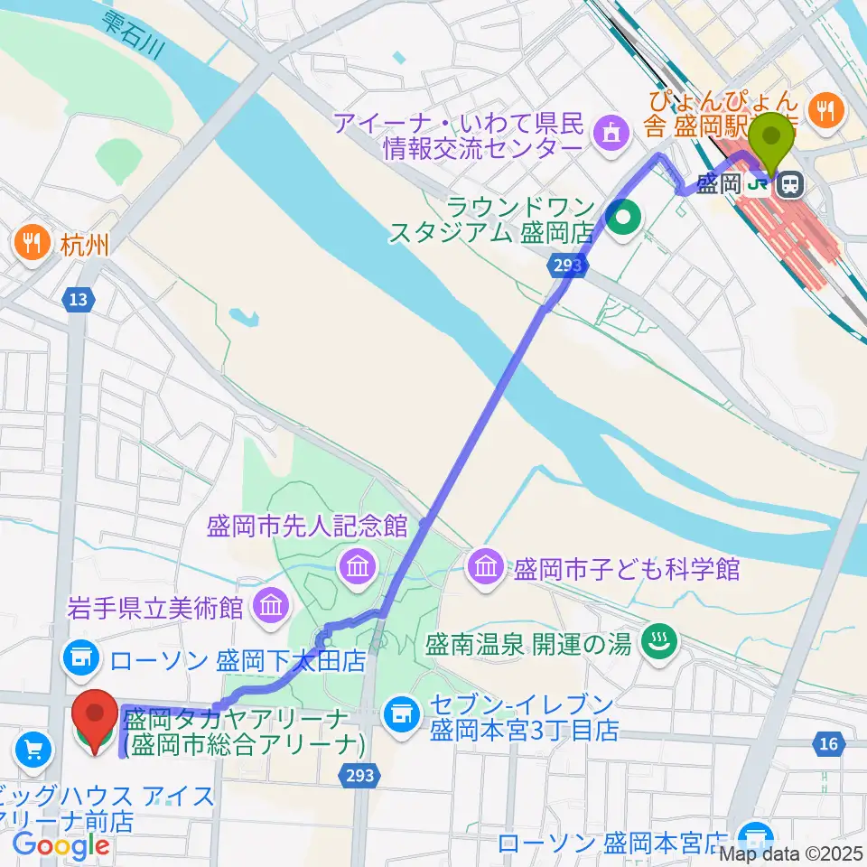 盛岡タカヤアリーナの最寄駅盛岡駅からの徒歩ルート（約30分）地図