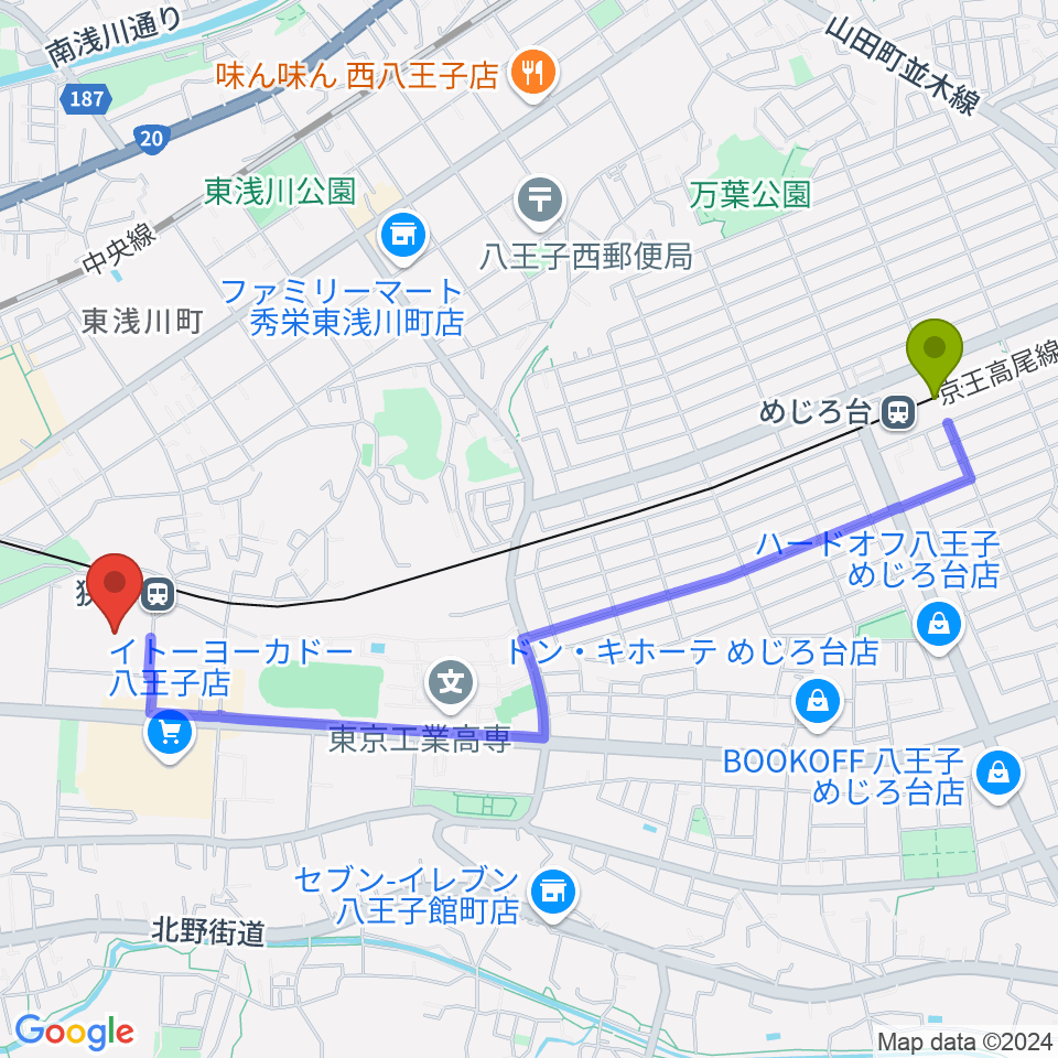 めじろ台駅からエスフォルタアリーナ八王子へのルートマップ地図