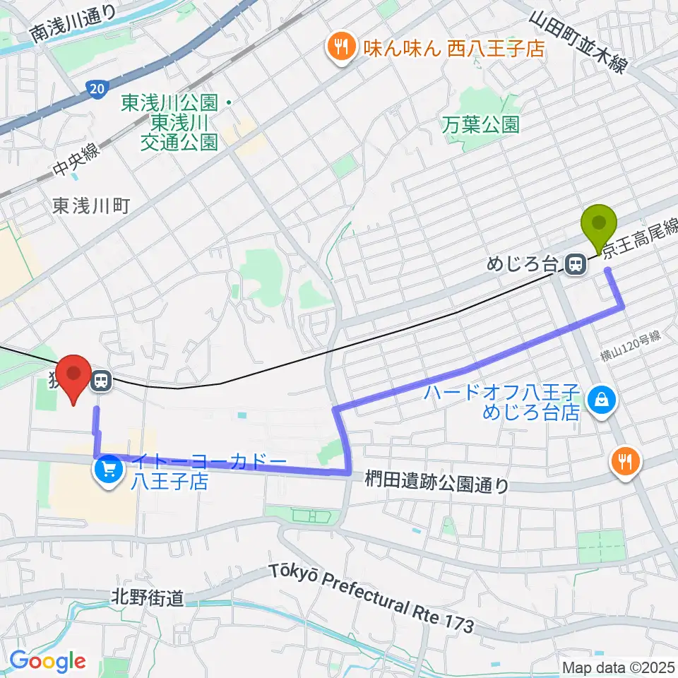 めじろ台駅からエスフォルタアリーナ八王子へのルートマップ地図