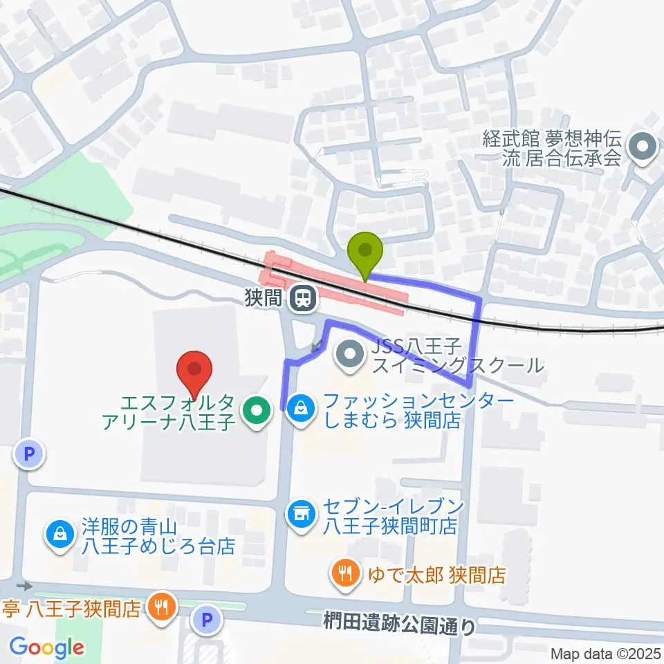 エスフォルタアリーナ八王子の最寄駅狭間駅からの徒歩ルート（約2分）地図