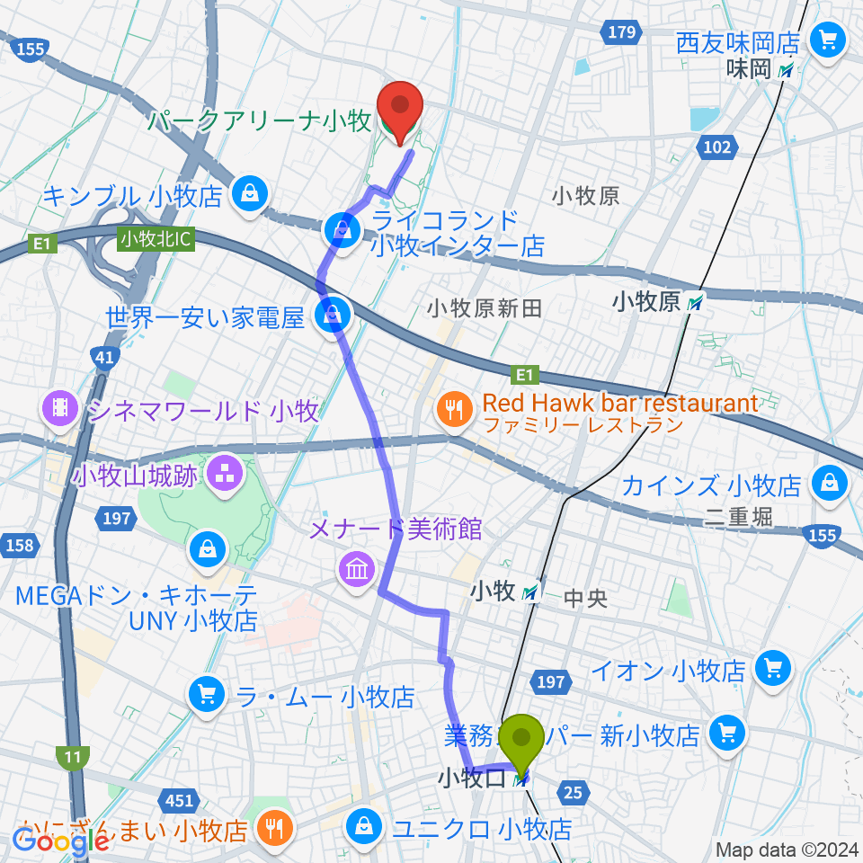 小牧口駅からパークアリーナ小牧へのルートマップ地図