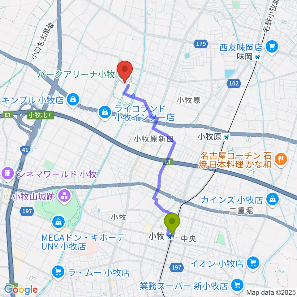 小牧駅からパークアリーナ小牧へのルートマップ地図