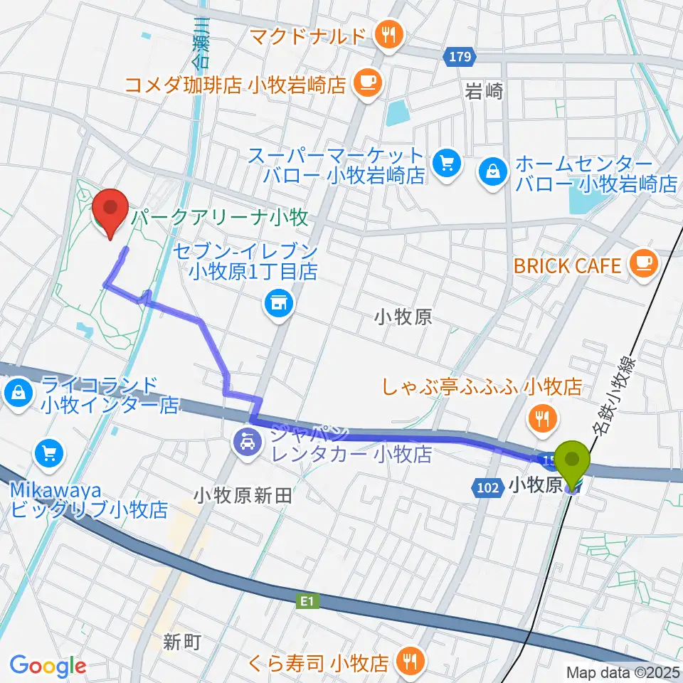 小牧原駅からパークアリーナ小牧へのルートマップ地図