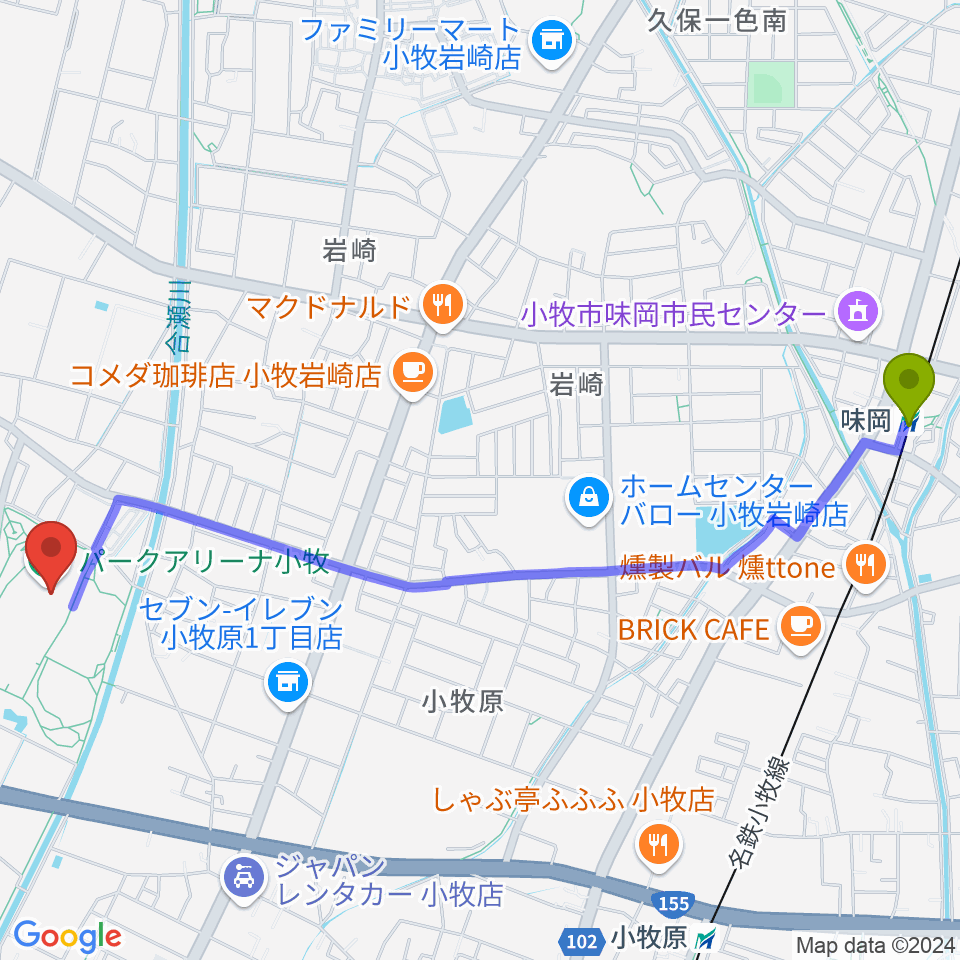 パークアリーナ小牧の最寄駅味岡駅からの徒歩ルート（約28分）地図