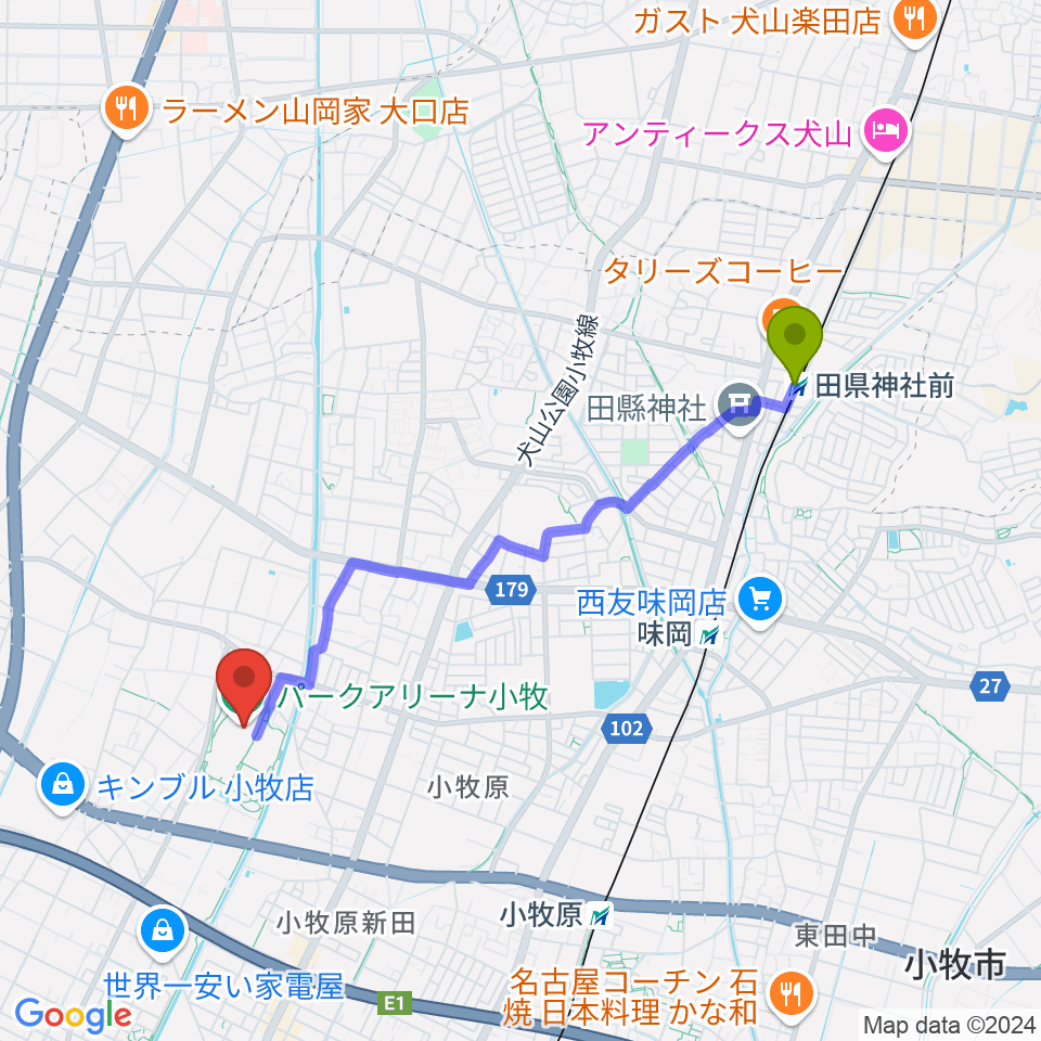 田県神社前駅からパークアリーナ小牧へのルートマップ地図