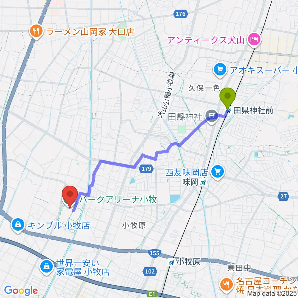 田県神社前駅からパークアリーナ小牧へのルートマップ地図