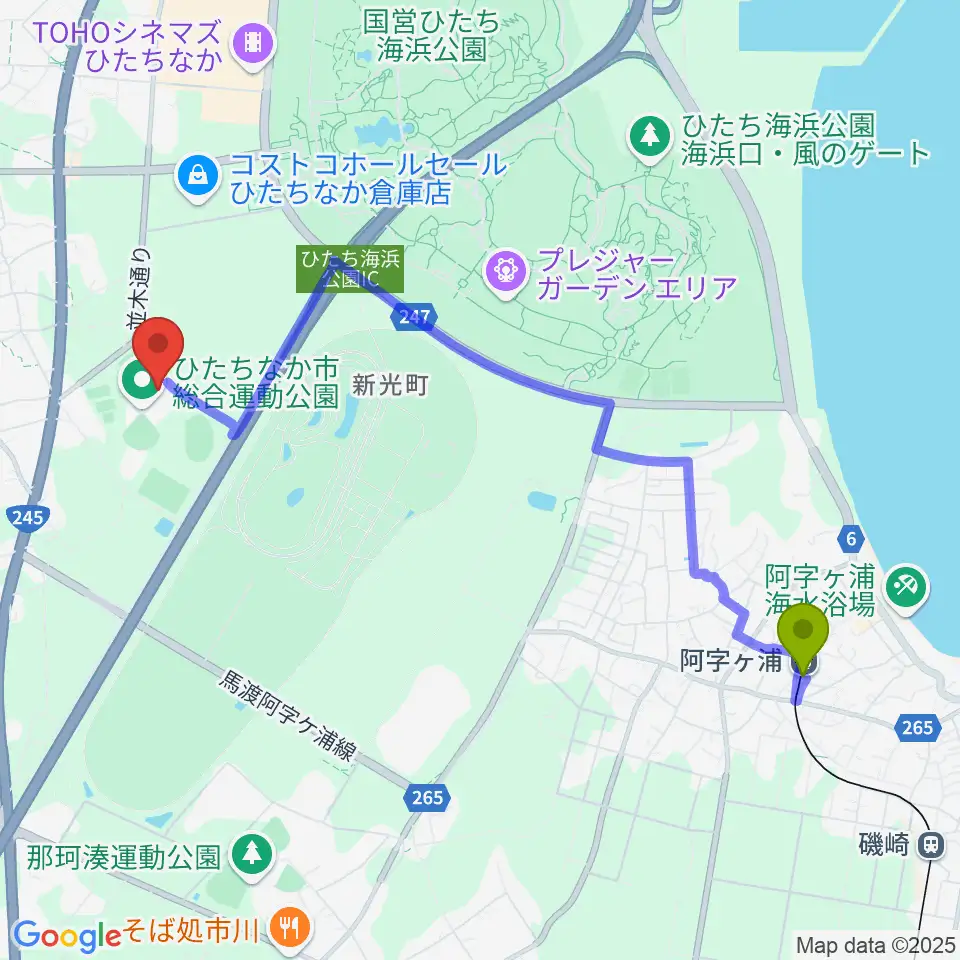 ひたちなか市総合運動公園総合体育館の最寄駅阿字ヶ浦駅からの徒歩ルート（約45分）地図