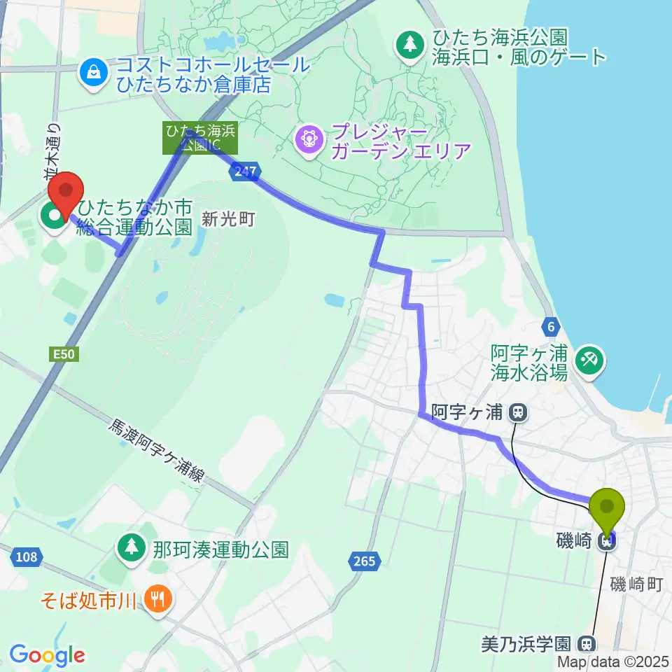 磯崎駅からひたちなか市総合運動公園総合体育館へのルートマップ地図