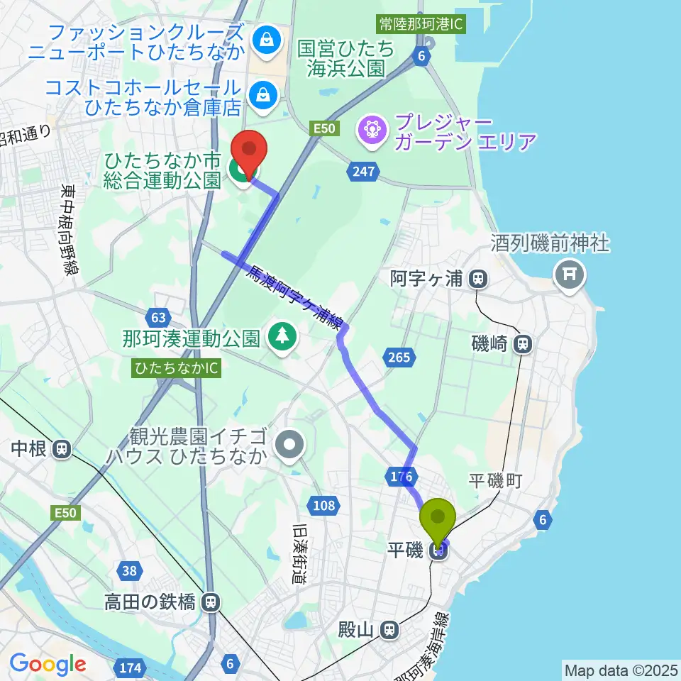 平磯駅からひたちなか市総合運動公園総合体育館へのルートマップ地図