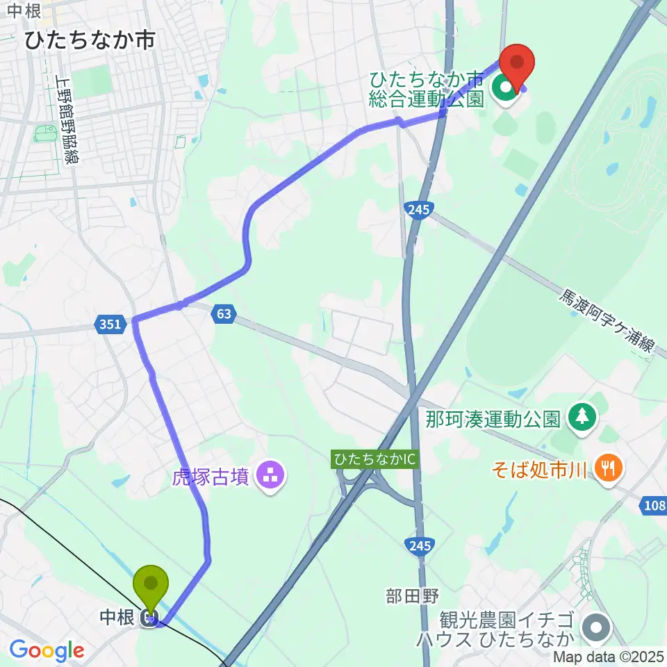 中根駅からひたちなか市総合運動公園総合体育館へのルートマップ地図
