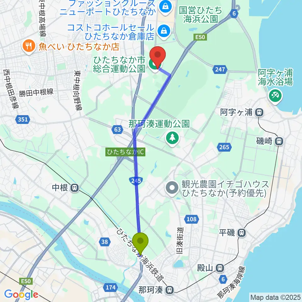 高田の鉄橋駅からひたちなか市総合運動公園総合体育館へのルートマップ地図