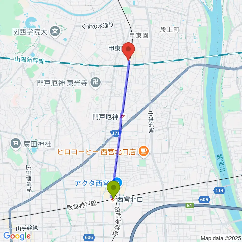 西宮北口駅から甲東園スタジオバードランドへのルートマップ地図