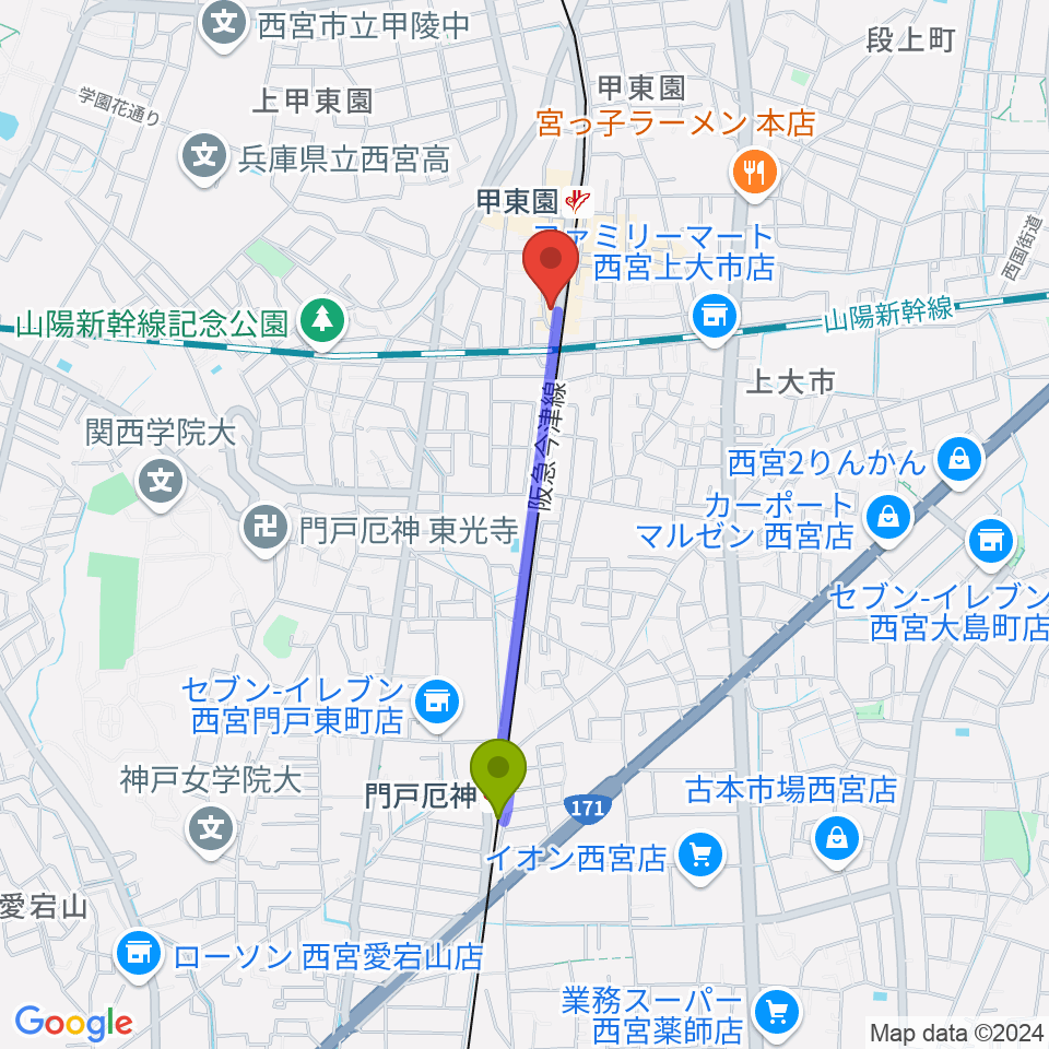 門戸厄神駅から甲東園スタジオバードランドへのルートマップ地図