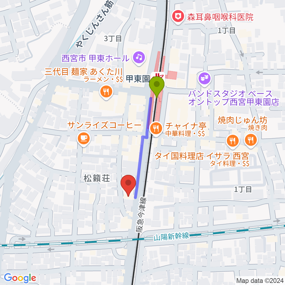 甲東園スタジオバードランドの最寄駅甲東園駅からの徒歩ルート（約3分）地図