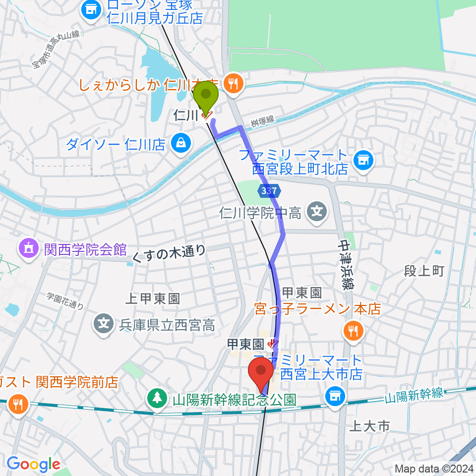 仁川駅から甲東園スタジオバードランドへのルートマップ地図