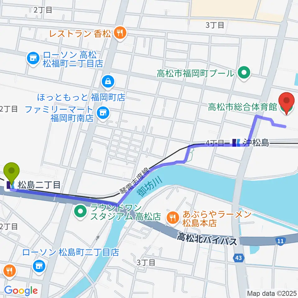 松島二丁目駅から高松市総合体育館へのルートマップ地図