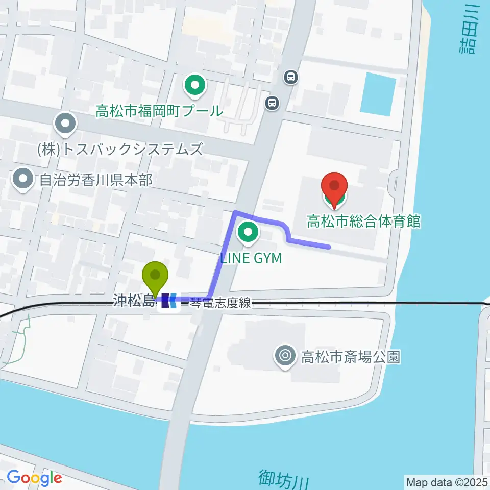 高松市総合体育館の最寄駅沖松島駅からの徒歩ルート（約3分）地図