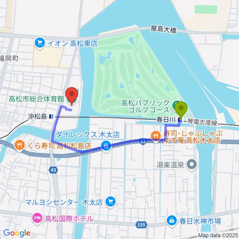春日川駅から高松市総合体育館へのルートマップ地図