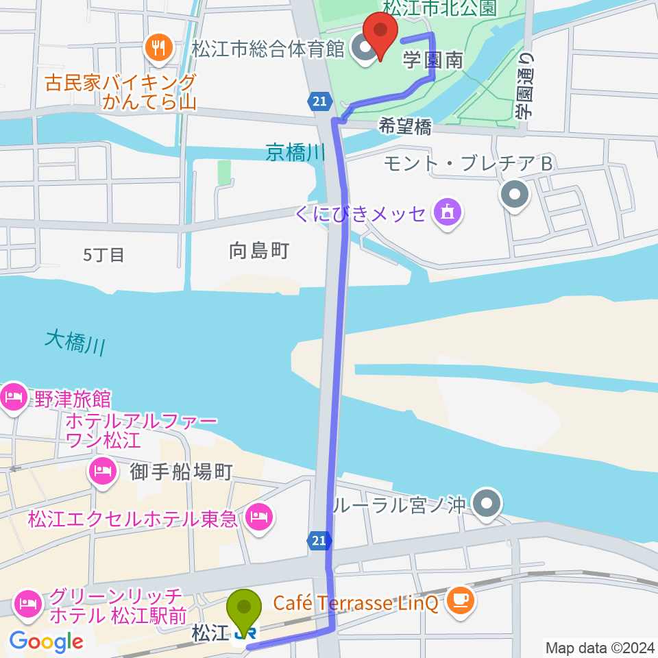 松江市総合体育館の最寄駅松江駅からの徒歩ルート（約14分）地図