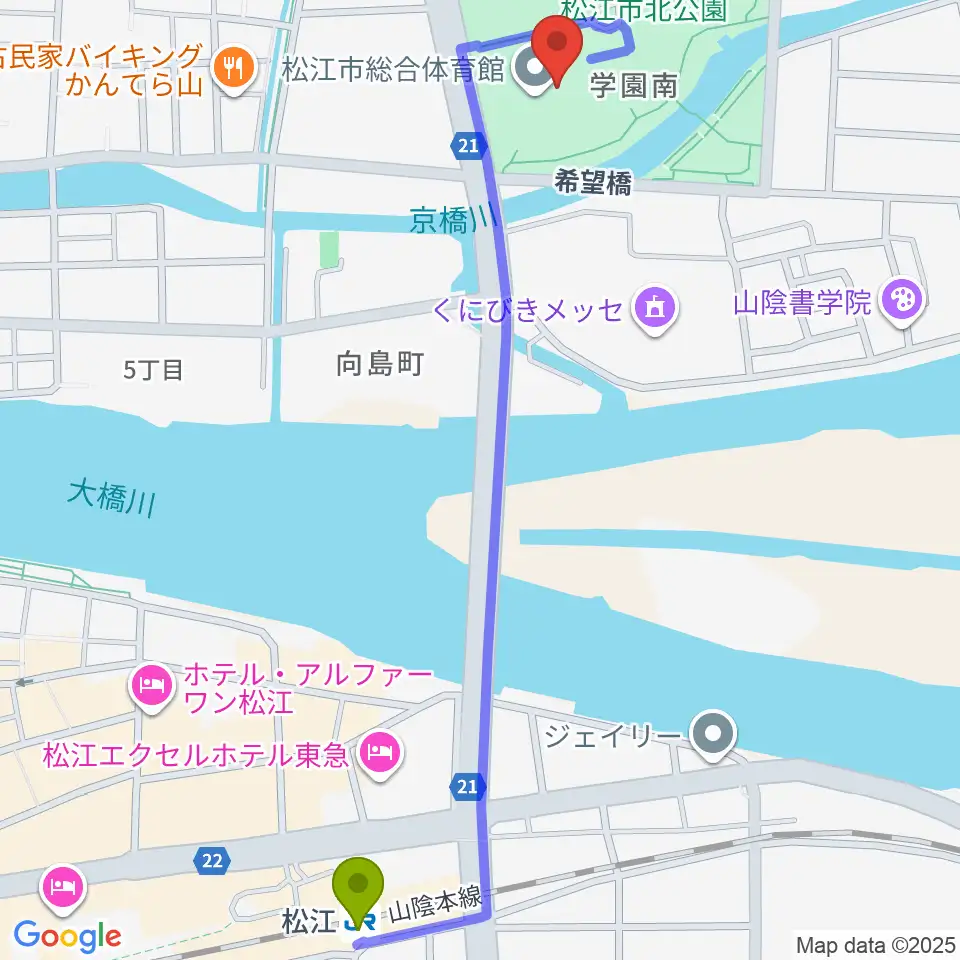松江市総合体育館の最寄駅松江駅からの徒歩ルート（約14分）地図