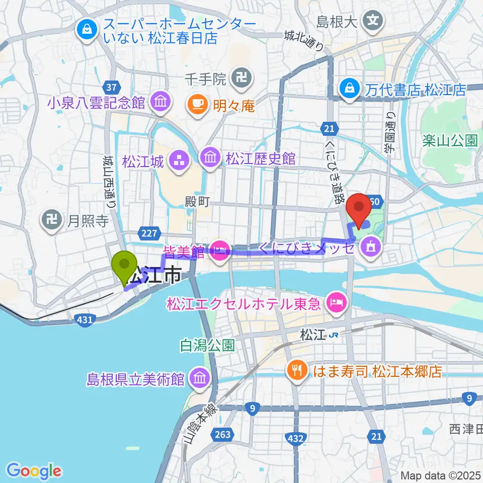 松江しんじ湖温泉駅から松江市総合体育館へのルートマップ地図