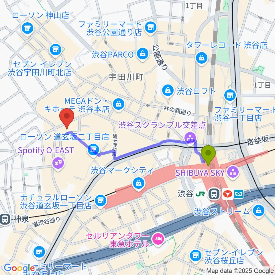 渋谷駅から渋谷Studio Freedomへのルートマップ地図