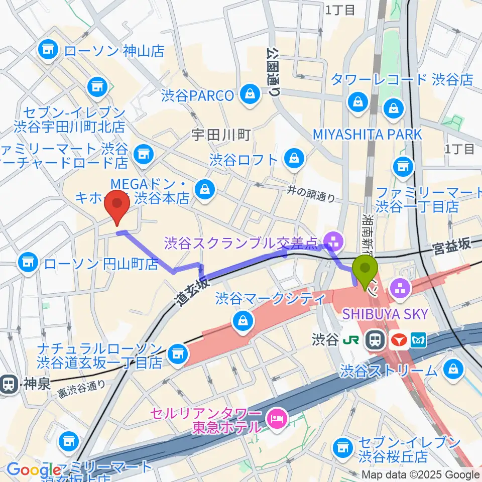 渋谷駅から渋谷Studio Freedomへのルートマップ地図