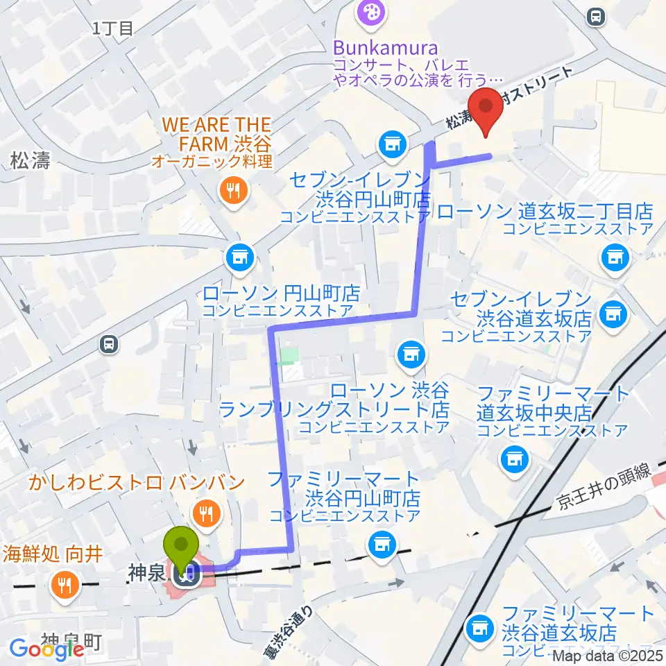 渋谷Studio Freedomの最寄駅神泉駅からの徒歩ルート（約6分）地図