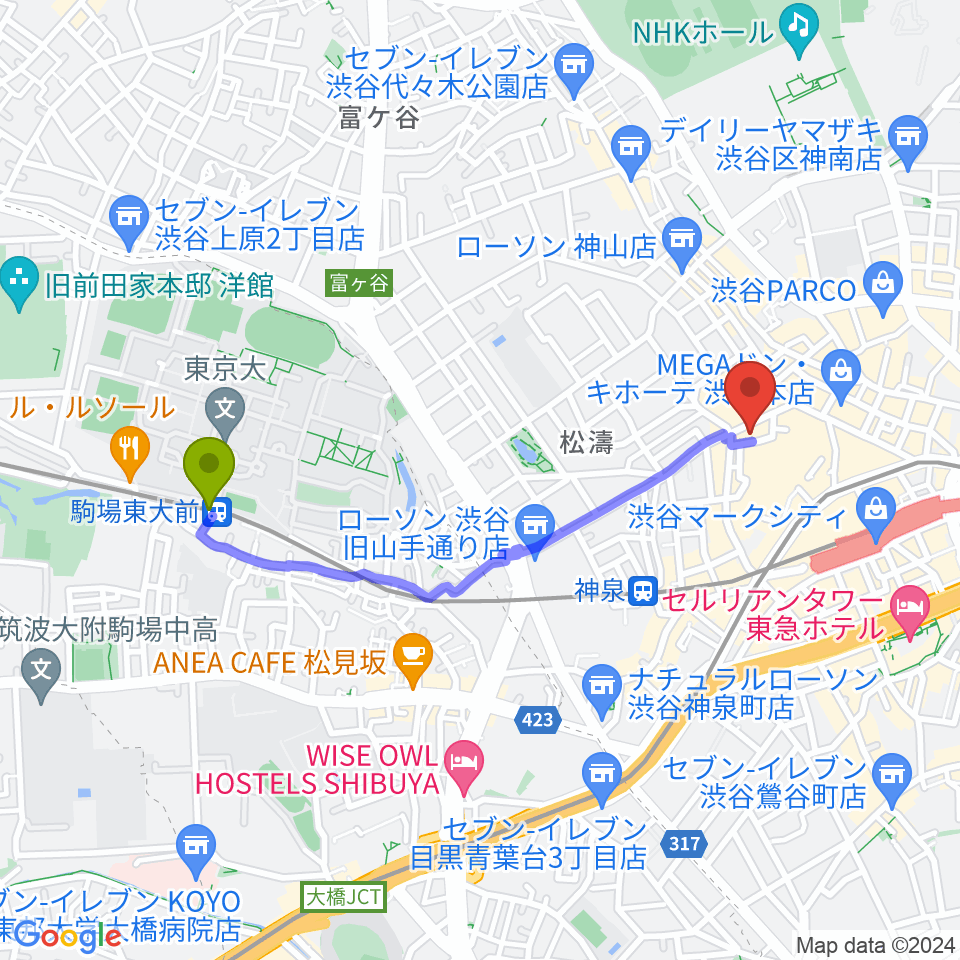 駒場東大前駅から渋谷Studio Freedomへのルートマップ地図