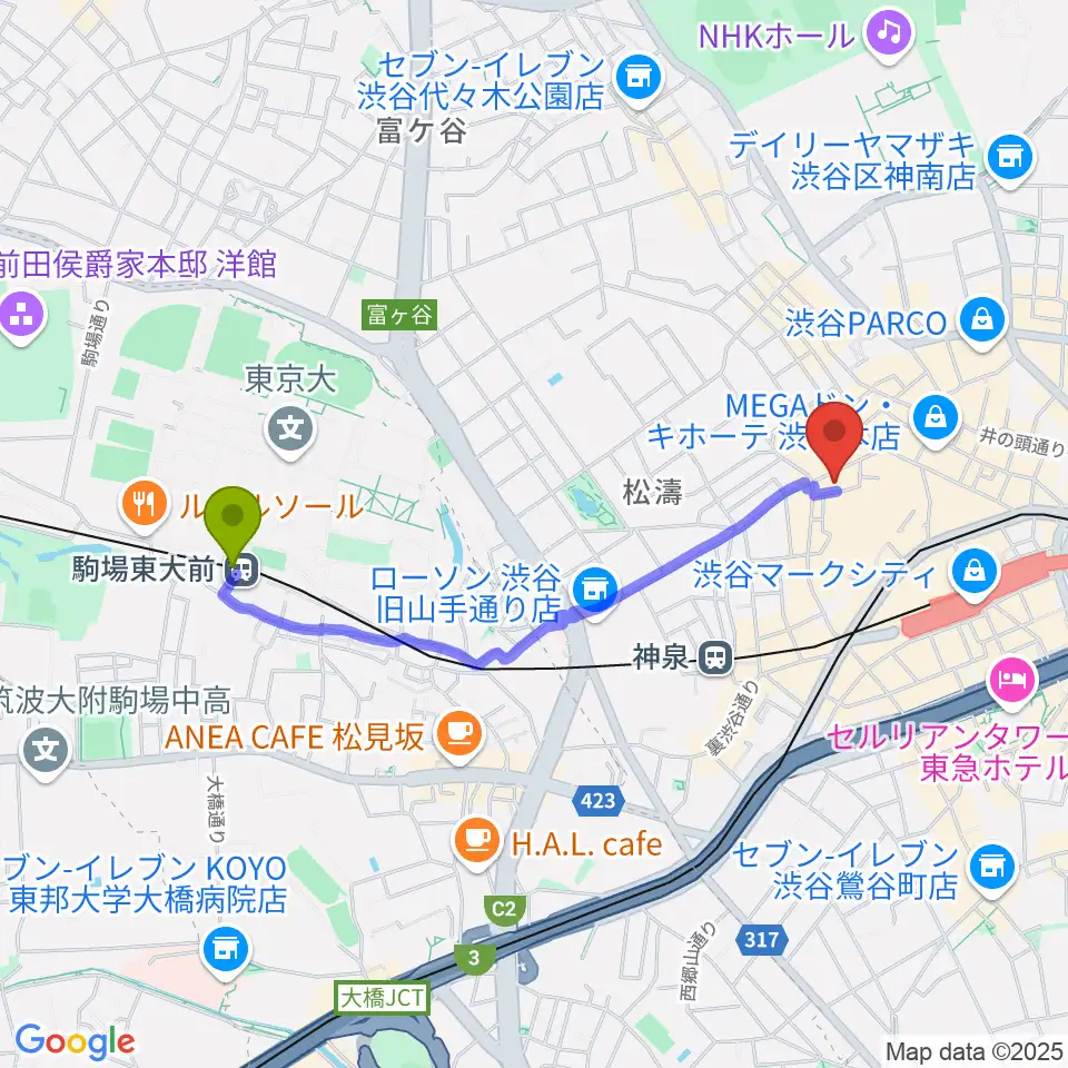 駒場東大前駅から渋谷Studio Freedomへのルートマップ地図