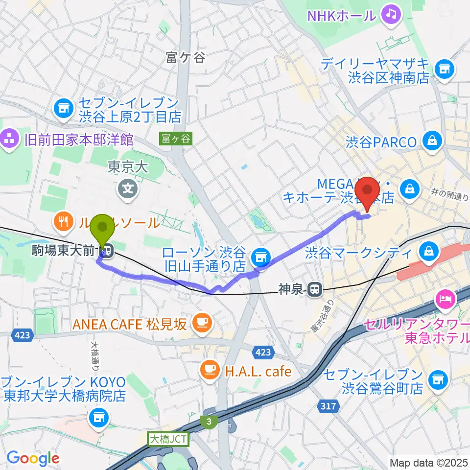駒場東大前駅から渋谷Studio Freedomへのルートマップ地図