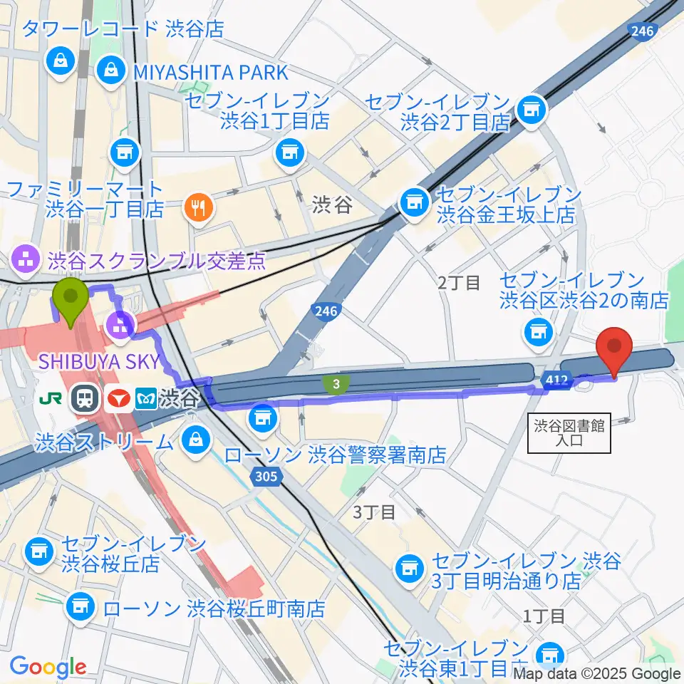沖田ギター工房 渋谷店の最寄駅渋谷駅からの徒歩ルート（約12分）地図