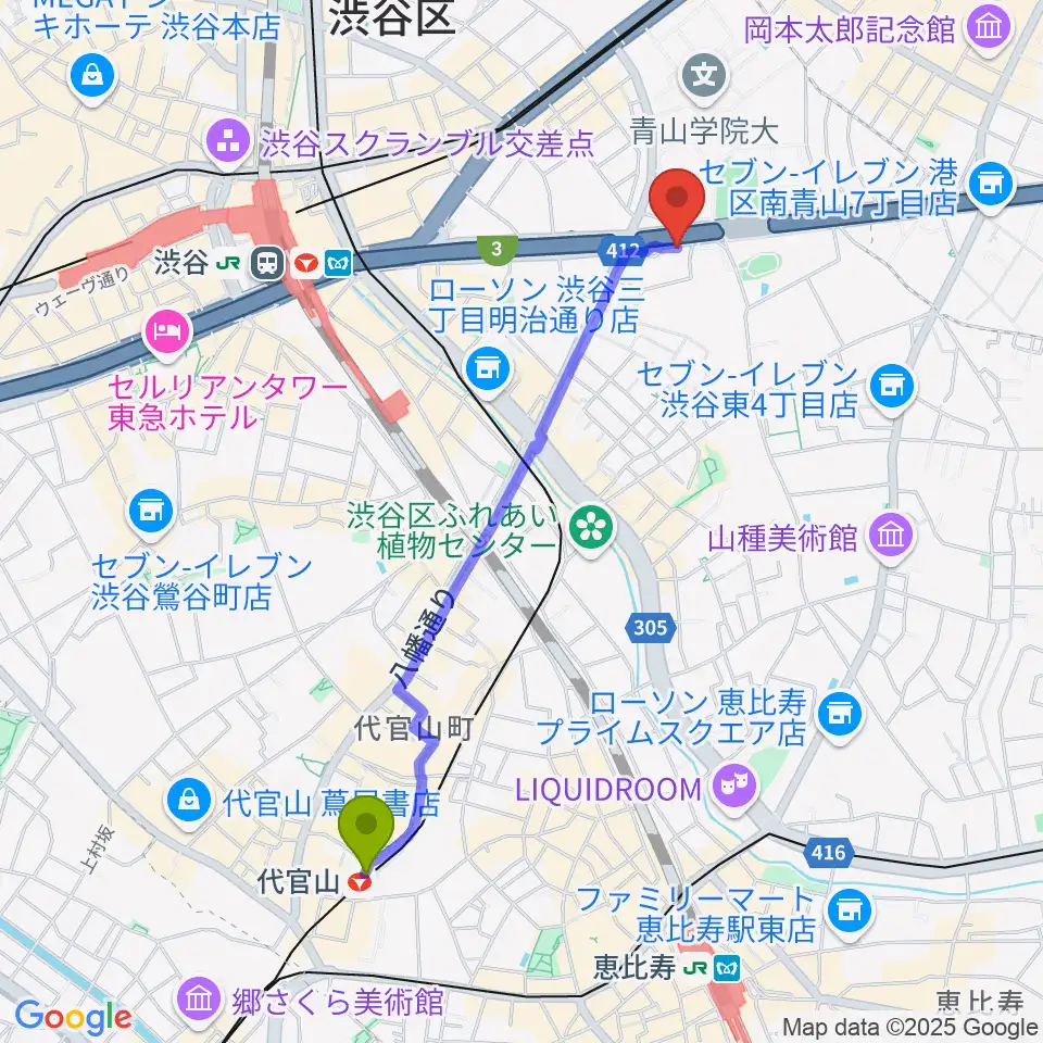 代官山駅から沖田ギター工房 渋谷店へのルートマップ地図