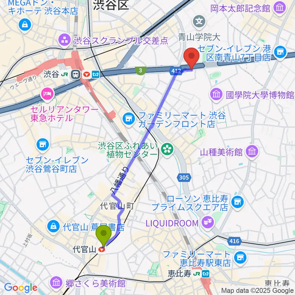 代官山駅から沖田ギター工房 渋谷店へのルートマップ地図