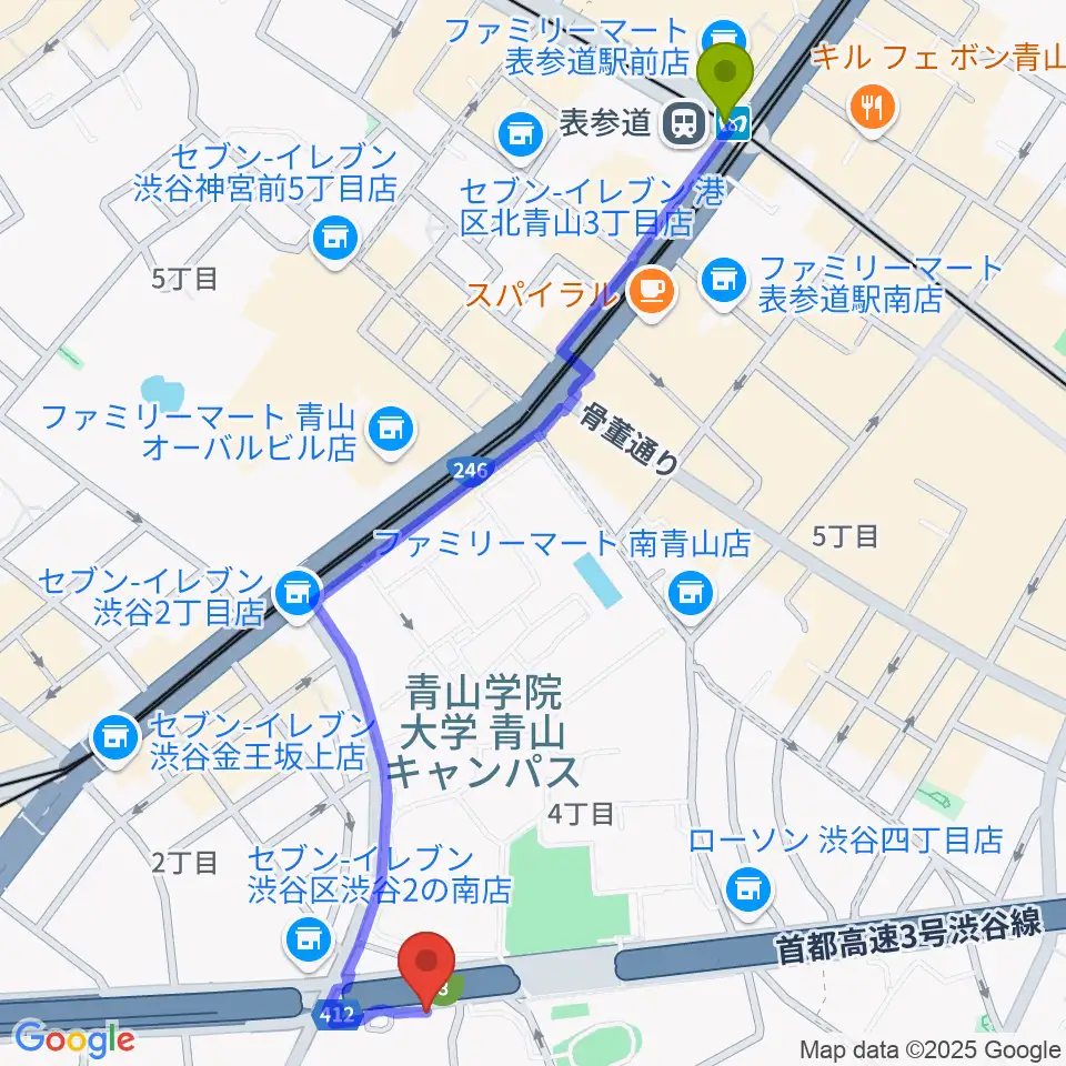 表参道駅から沖田ギター工房 渋谷店へのルートマップ地図