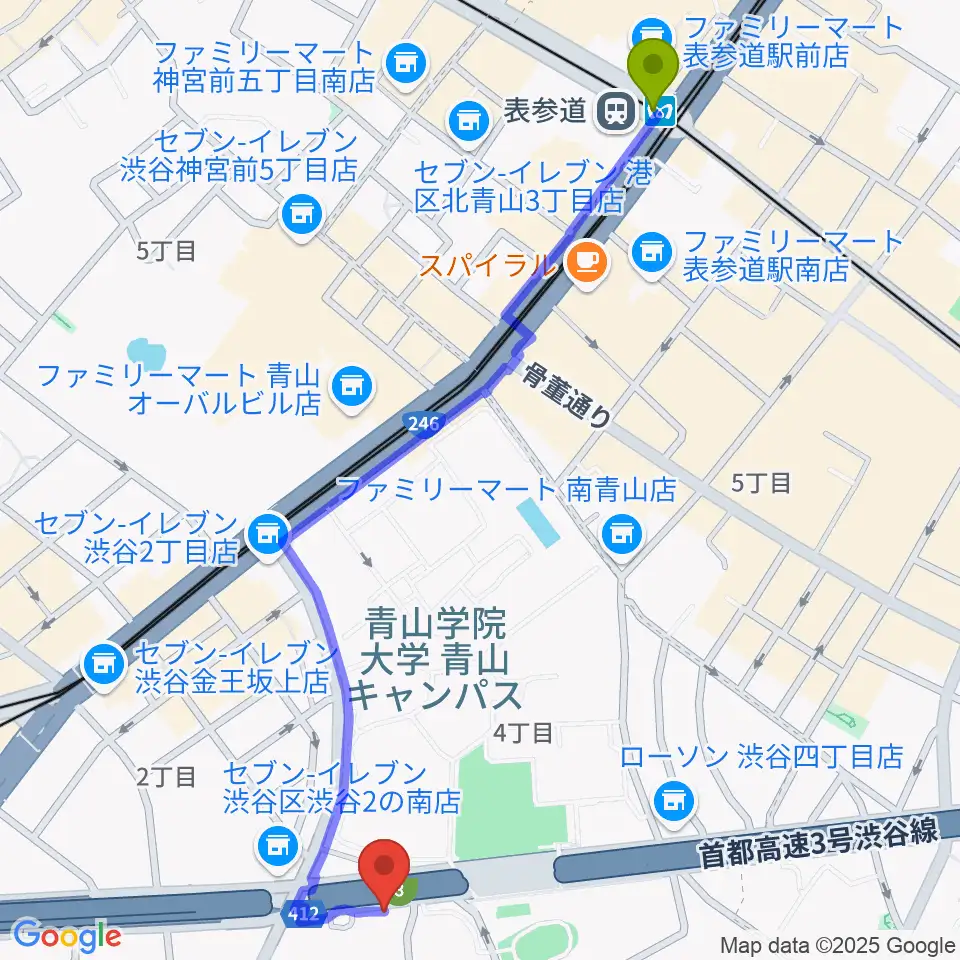 表参道駅から沖田ギター工房 渋谷店へのルートマップ地図