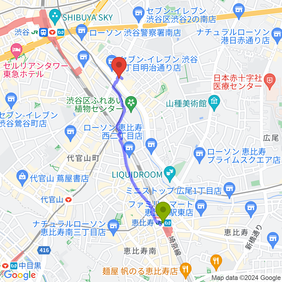 恵比寿駅からスタジオ サルバベルカントへのルートマップ地図