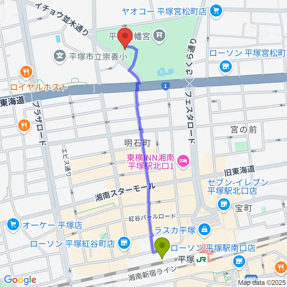 八幡山の洋館の最寄駅平塚駅からの徒歩ルート（約12分）地図